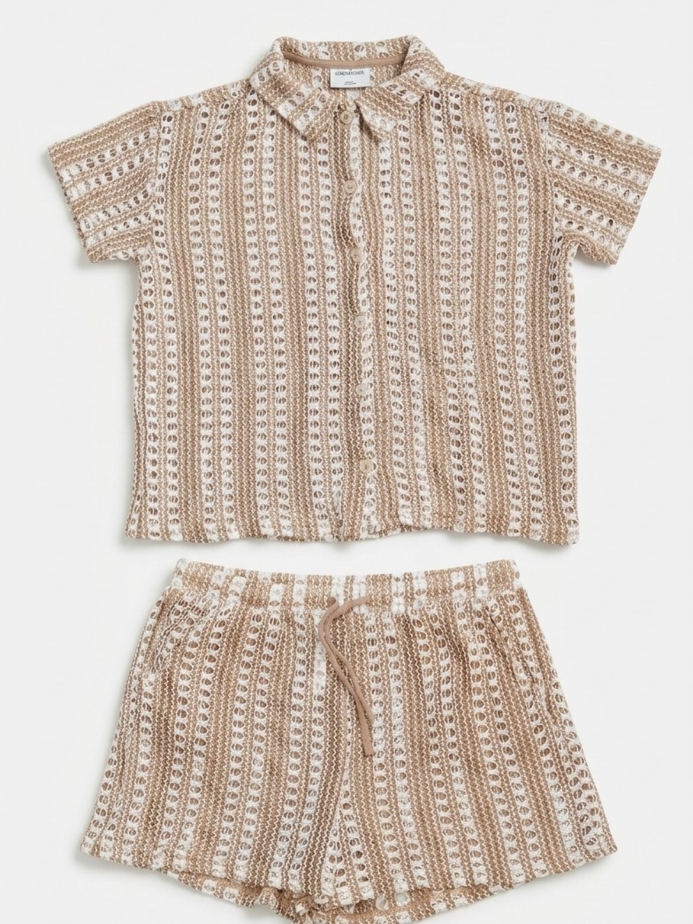 Serra Open Knit Matching Set Size M Boho Crochet Top Shorts Tan White 2 Piece